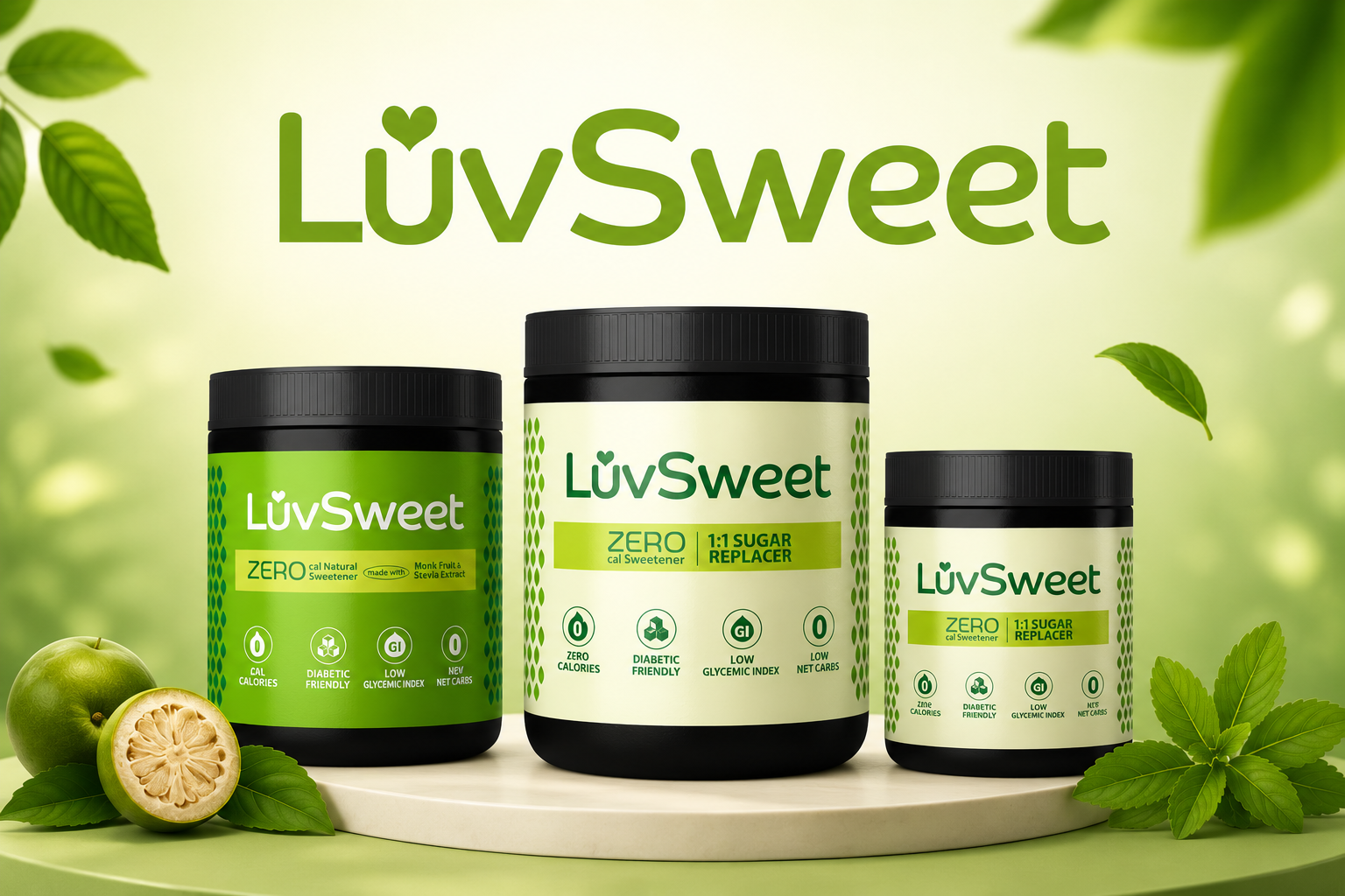 LuvSweet zero calorie sweetener jars with monk fruit and stevia leaves